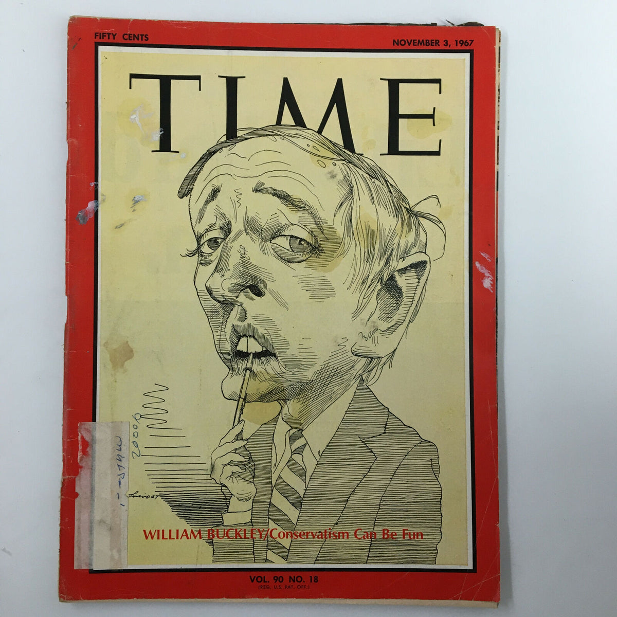 VTG Time Magazine from November 3, 1967 featuring William Buckley with the title 'Conservatism Can Be Fun', showcasing a caricature illustration on the cover.