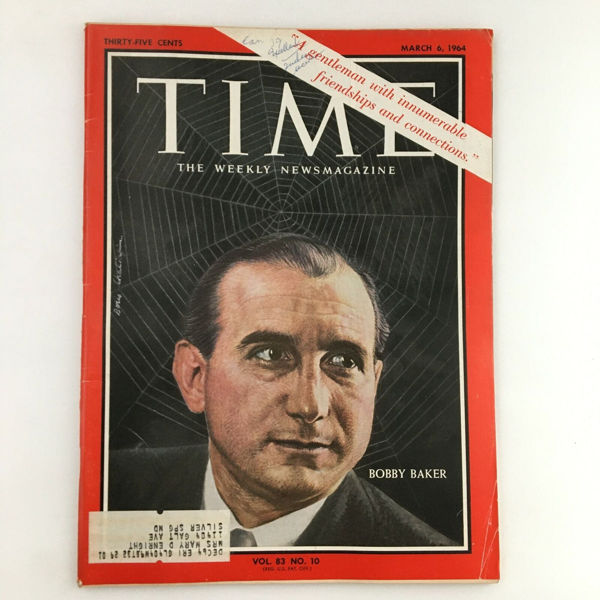 Cover of Time Magazine March 6 1964 featuring a portrait of Bobby Baker, highlighting his significance as a politician.