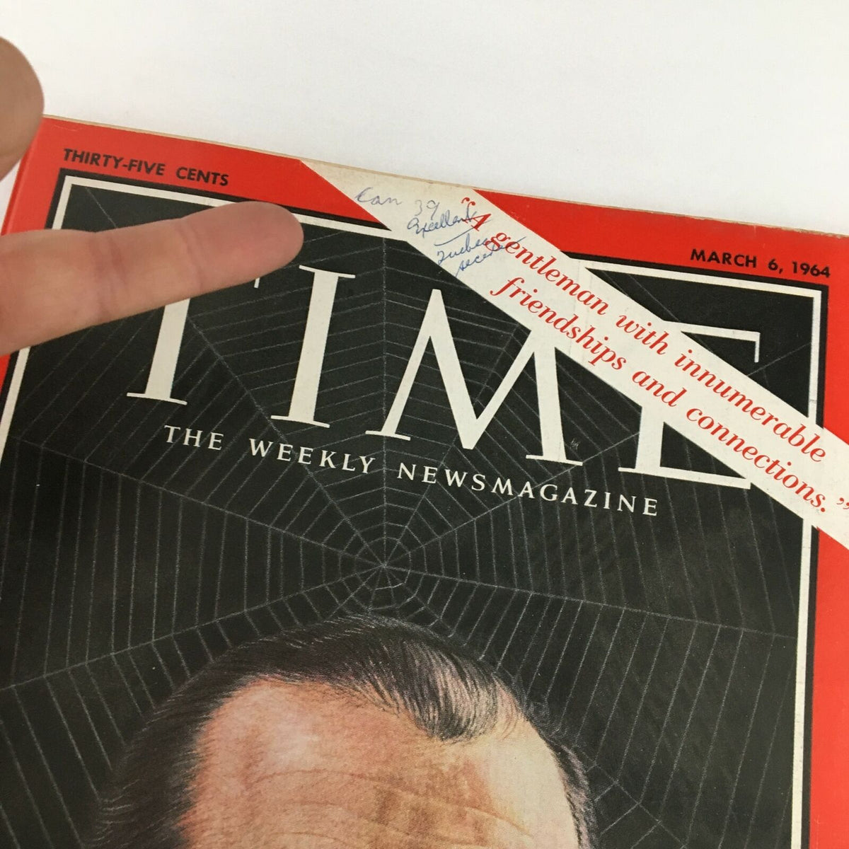 Close-up of Time Magazine March 6 1964 cover with Bobby Baker, showcasing handwritten notes and the quote about his connections.