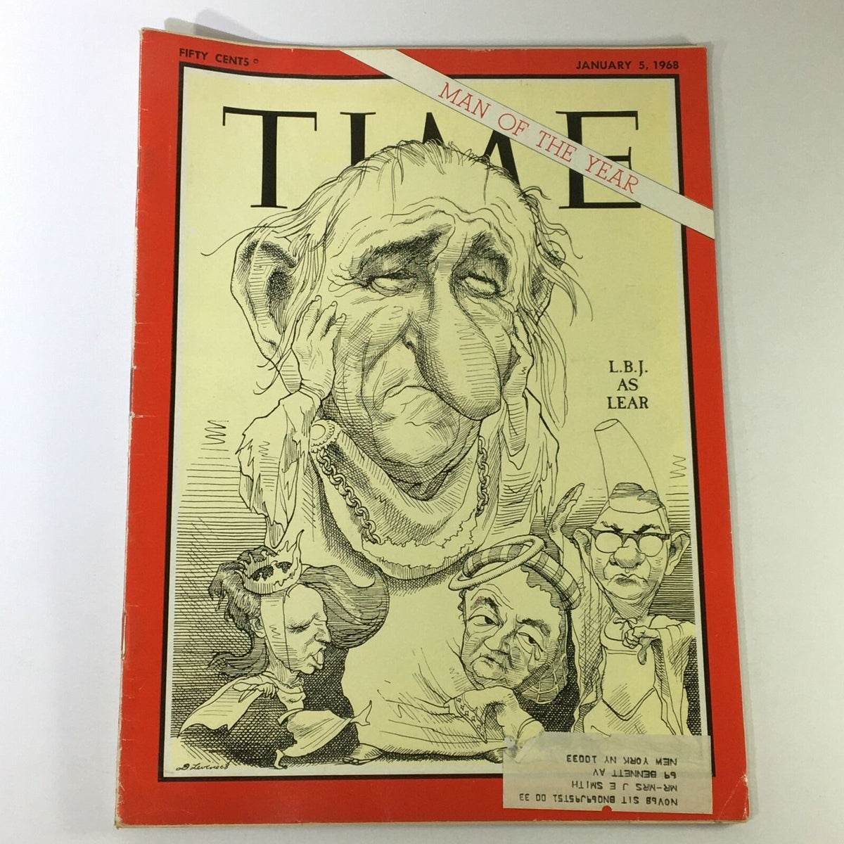 Vintage Time Magazine cover from January 5, 1968, featuring a caricature illustration of Lyndon B. Johnson portrayed as Lear, noted as the Man of the Year. This historical issue captures the political climate of the 1960s.