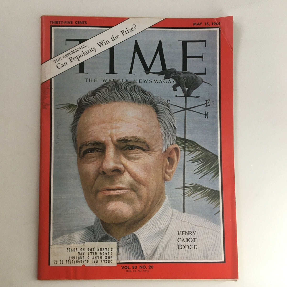 Time Magazine from May 15, 1964, Volume 83, Number 20 featuring a portrait of Henry Cabot Lodge, discussing Republican politics.