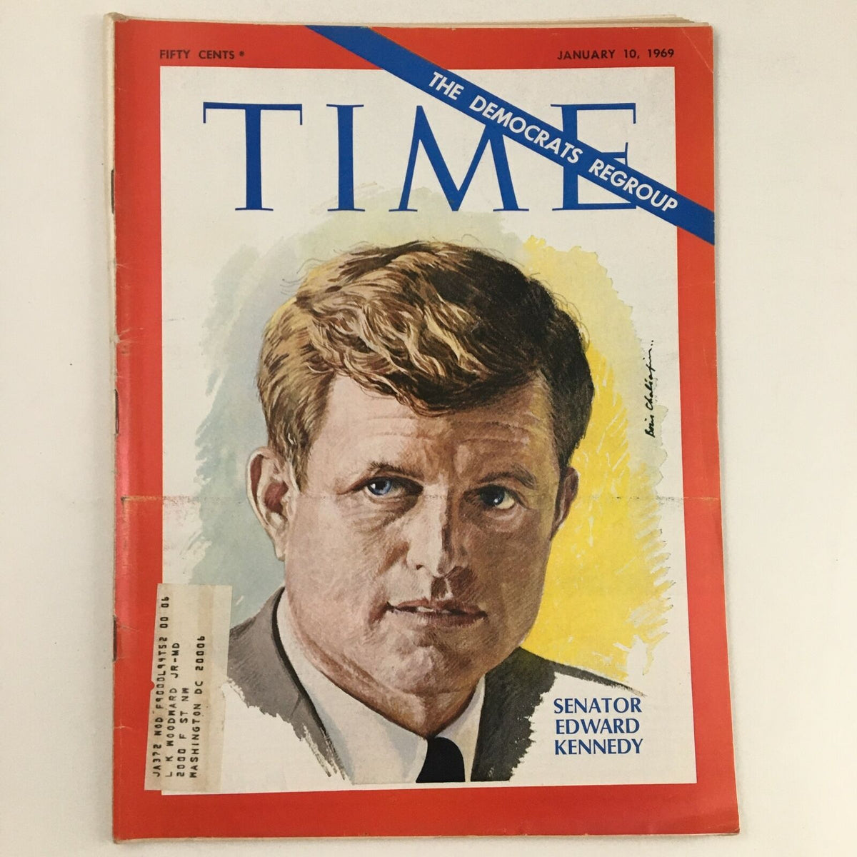 Cover of Time Magazine January 10, 1969, featuring Senator Edward Kennedy. The magazine showcases a portrait illustration of Kennedy against a red background, highlighting the theme 'The Democrats Regroup'.