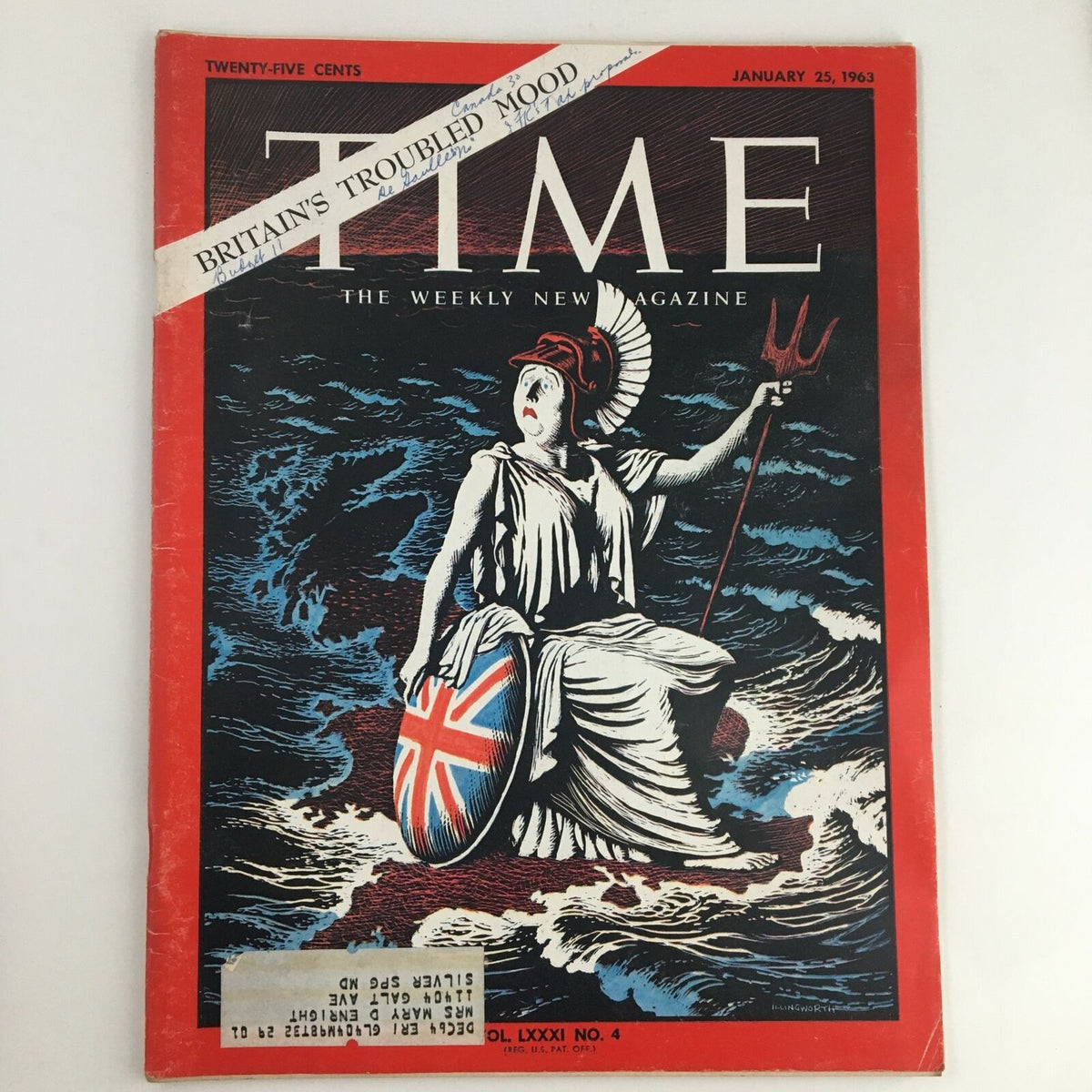 Time Magazine January 25, 1963, featuring the cover titled 'Britain's Troubled Mood' showcasing a classical figure with a Union Jack shield against a turbulent sea backdrop.