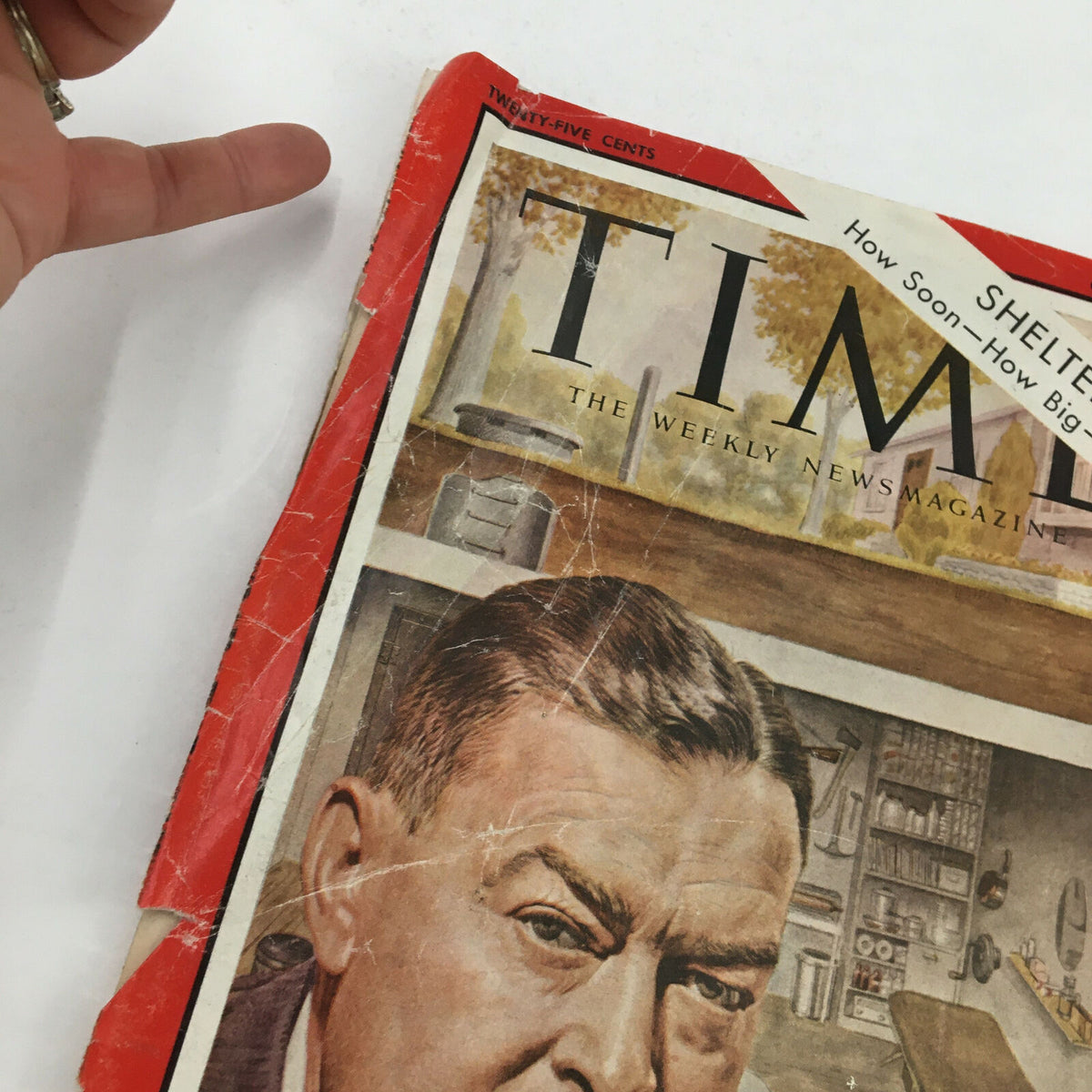 Close-up of the cover of Time Magazine October 20, 1961, featuring Civil Defenseman Virgil Couch, showing vintage wear and tear.