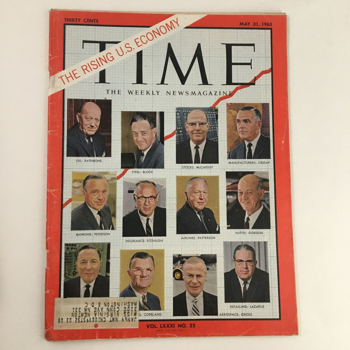 Time Magazine May 31 1963, Volume 81 No. 22, featuring portraits of prominent figures like Oil Rathbone, Steel Block, and U.S. economy themes, highlighting economic issues of the early 1960s.