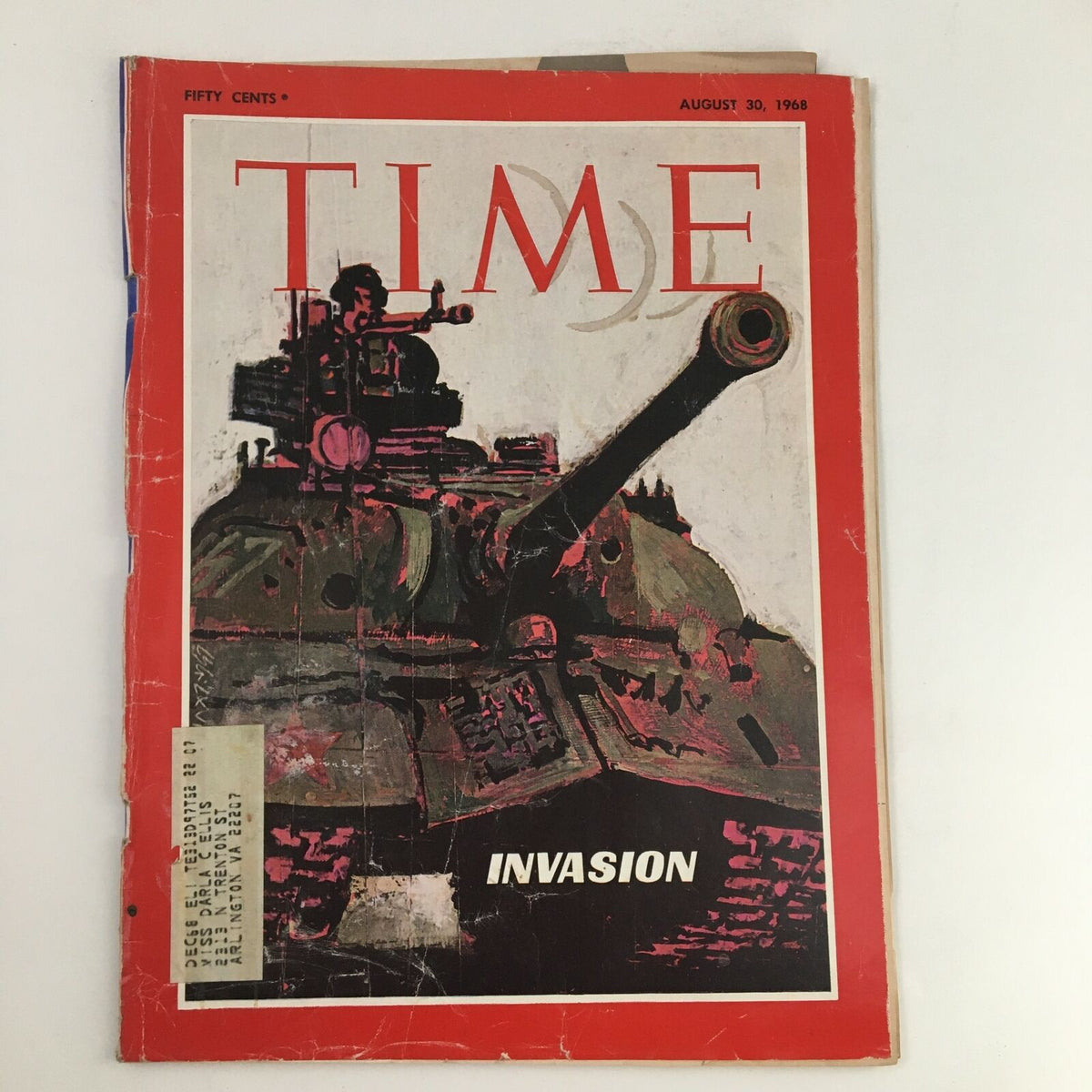 Time Magazine cover from August 30, 1968, Vol. 92 No. 9, featuring a military tank illustration, highlighting the Soviet invasion, a significant historical event.