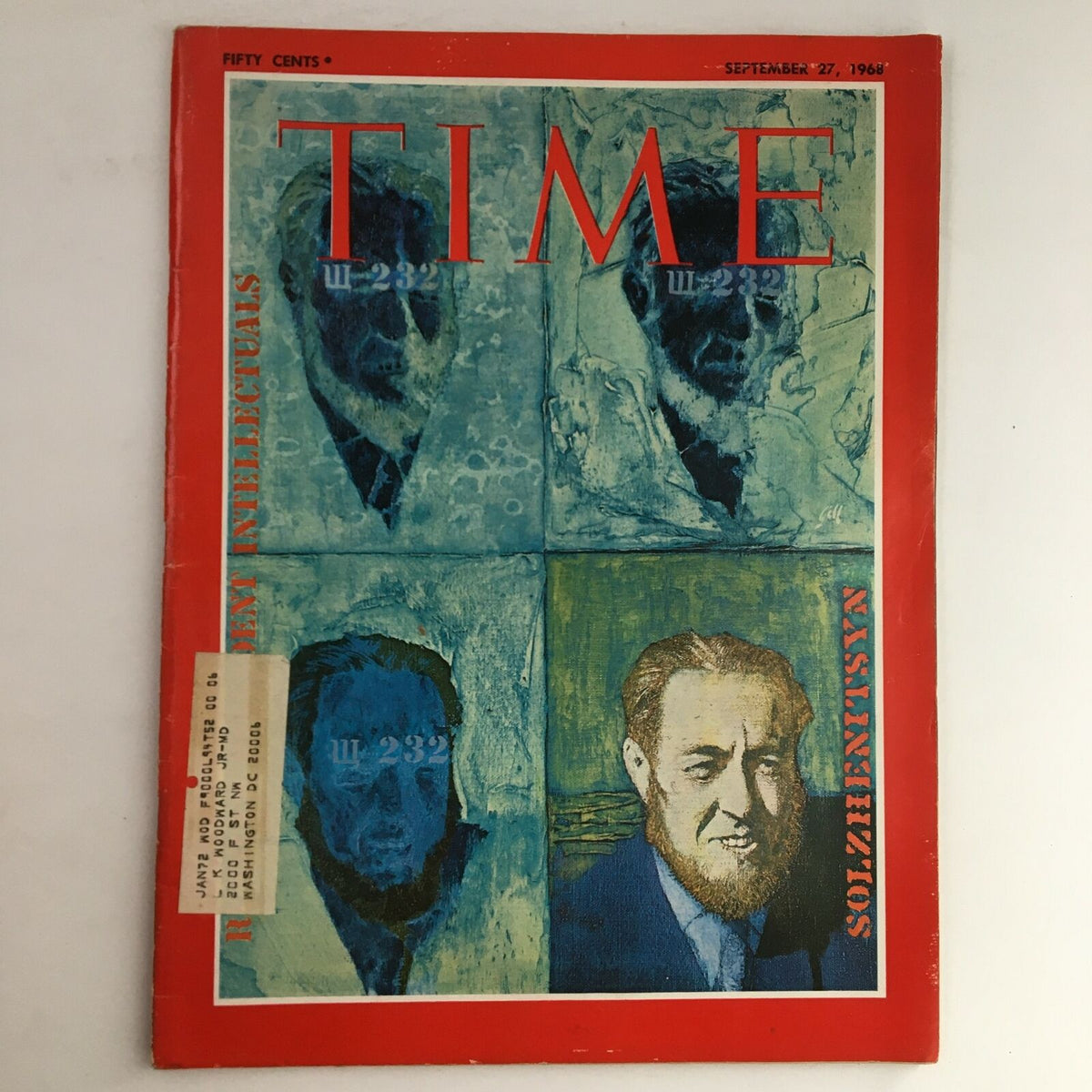 Time Magazine September 27 1968 Vol 92 #14 featuring novelist Aleksandr Solzhenitsyn on the cover, showcasing artistic portraits and a vibrant red background, ideal for collectors of historical magazines.