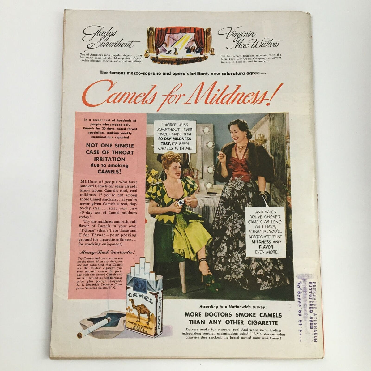 Vintage advertisement for Camel cigarettes from the 1940s, featuring famous mezzo-soprano Gladys Swarthout, promoting mildness and doctor endorsement.