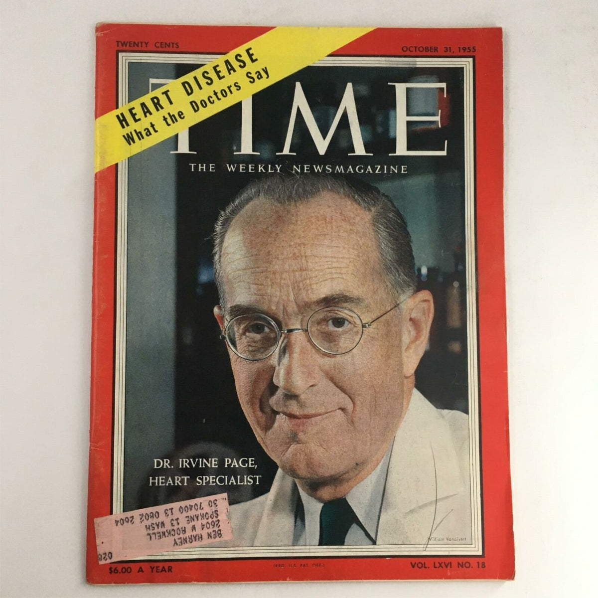 Cover of Time Magazine from October 31, 1955, featuring Dr. Irvine Page, Heart Specialist. The magazine includes a bold headline about heart disease and showcases a portrait of Dr. Page.