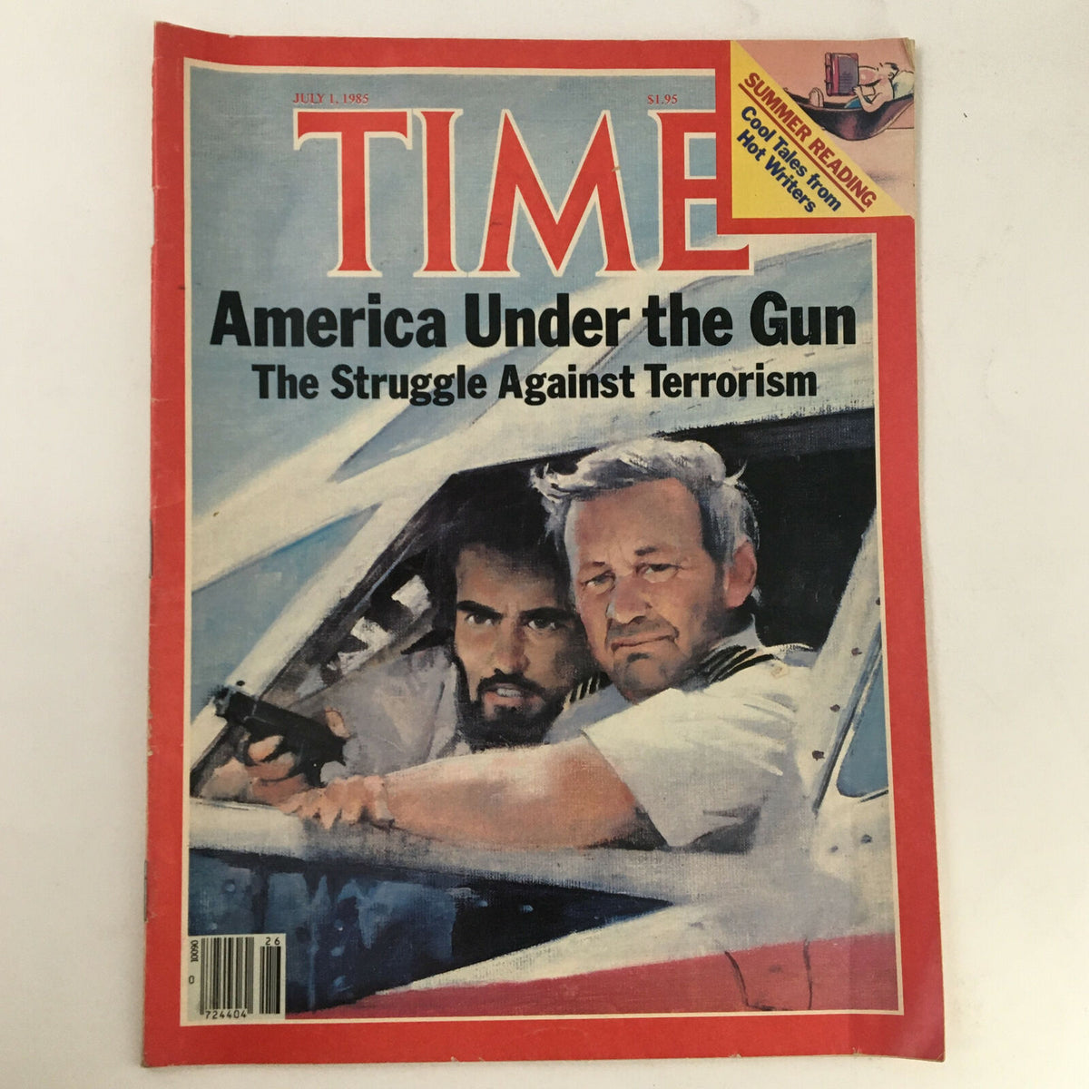 Time Magazine July 1 1985 Cover - 'America Under the Gun: The Struggle Against Terrorism'. Featuring a striking illustration of two men in an aircraft, emphasizing the magazine's focus on pivotal socio-political issues.