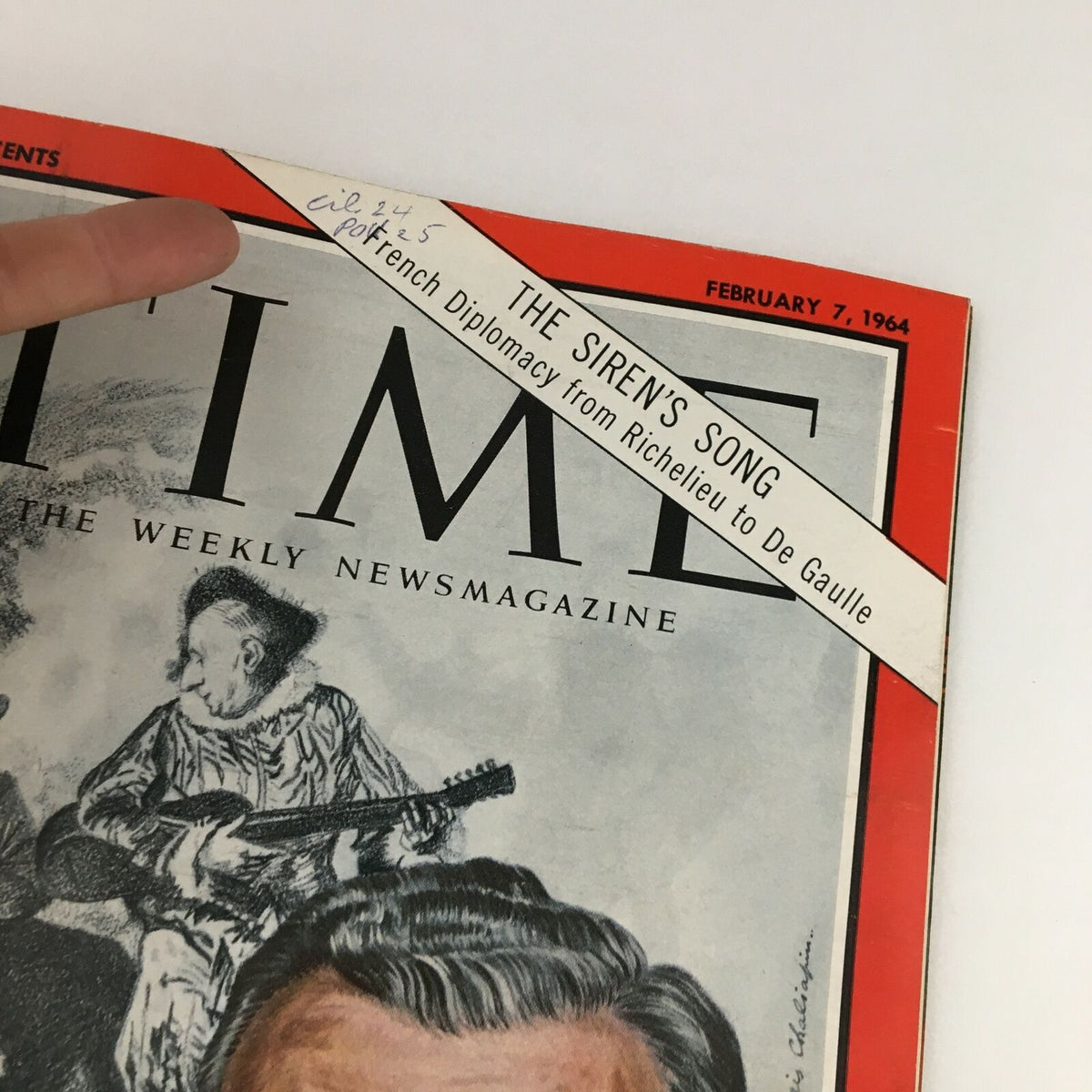 Detail of Time Magazine cover dated February 7, 1964, showcasing Foreign Minister Couve de Murville with the headline 'The Siren's Song: French Diplomacy from Richelieu to De Gaulle'.