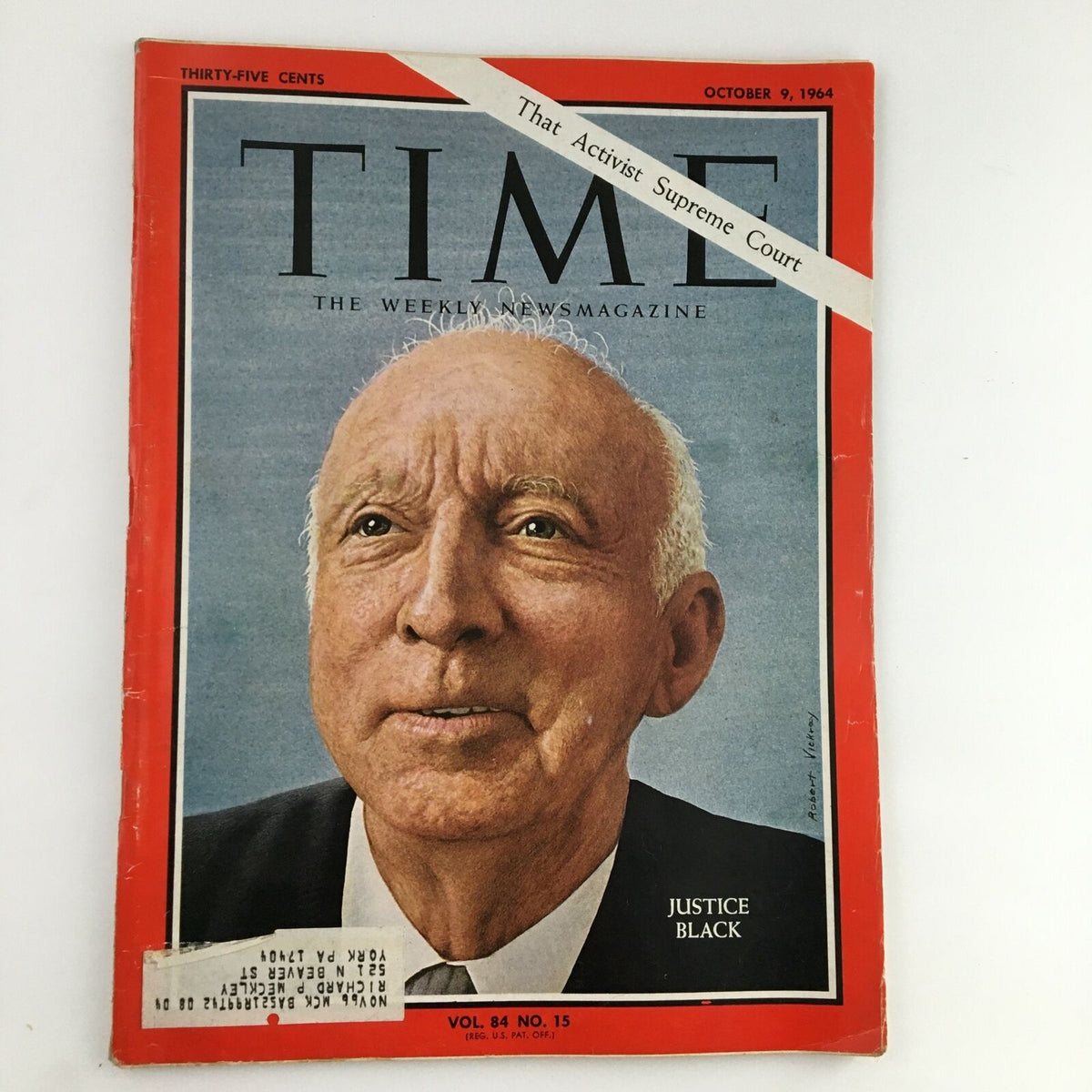 Time Magazine cover from October 9, 1964, featuring Supreme Court Justice Hugo Black, Volume 84 Number 15. The image showcases Justice Black's face, representing an influential figure in American jurisprudence.