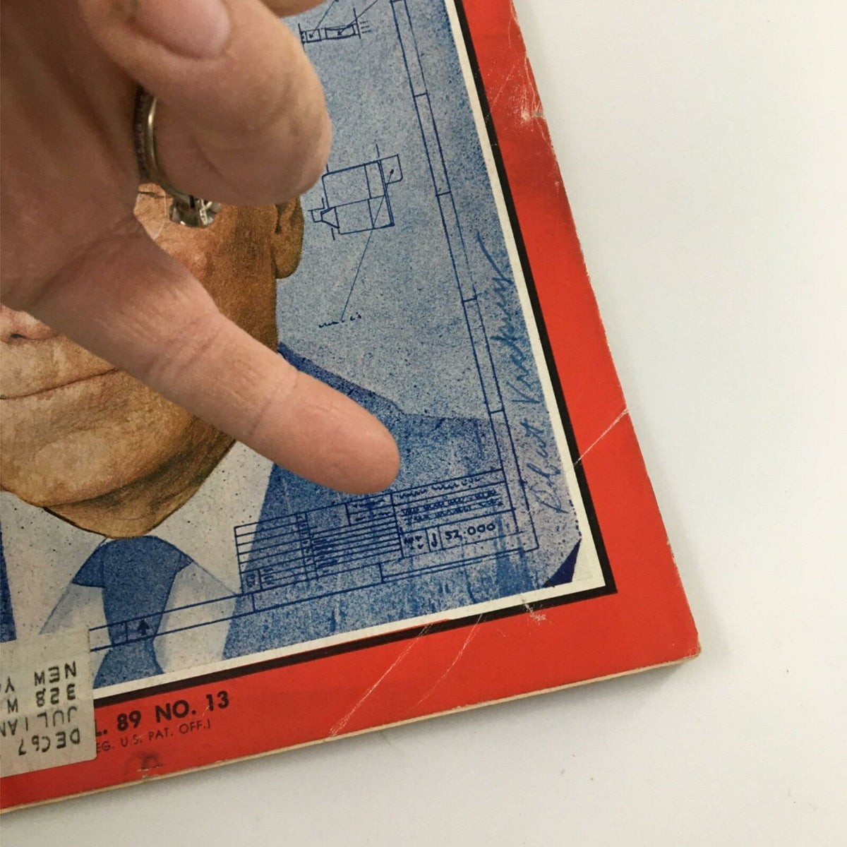 Zoomed-in view of VTG Time Magazine March 31, 1967 showing the edges and cover design related to James McDonnell and aerospace themes.