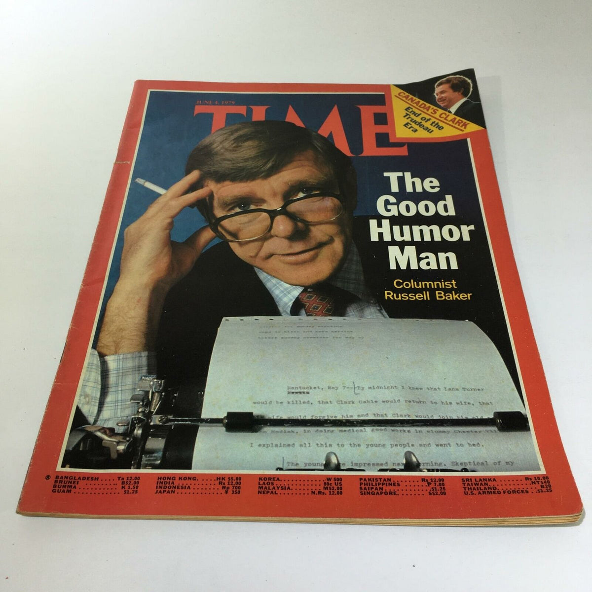 Time Magazine cover from June 4, 1979 featuring columnist Russell Baker with the title 'The Good Humor Man' and an image of him in glasses with a cigarette, looking contemplative near a typewriter.