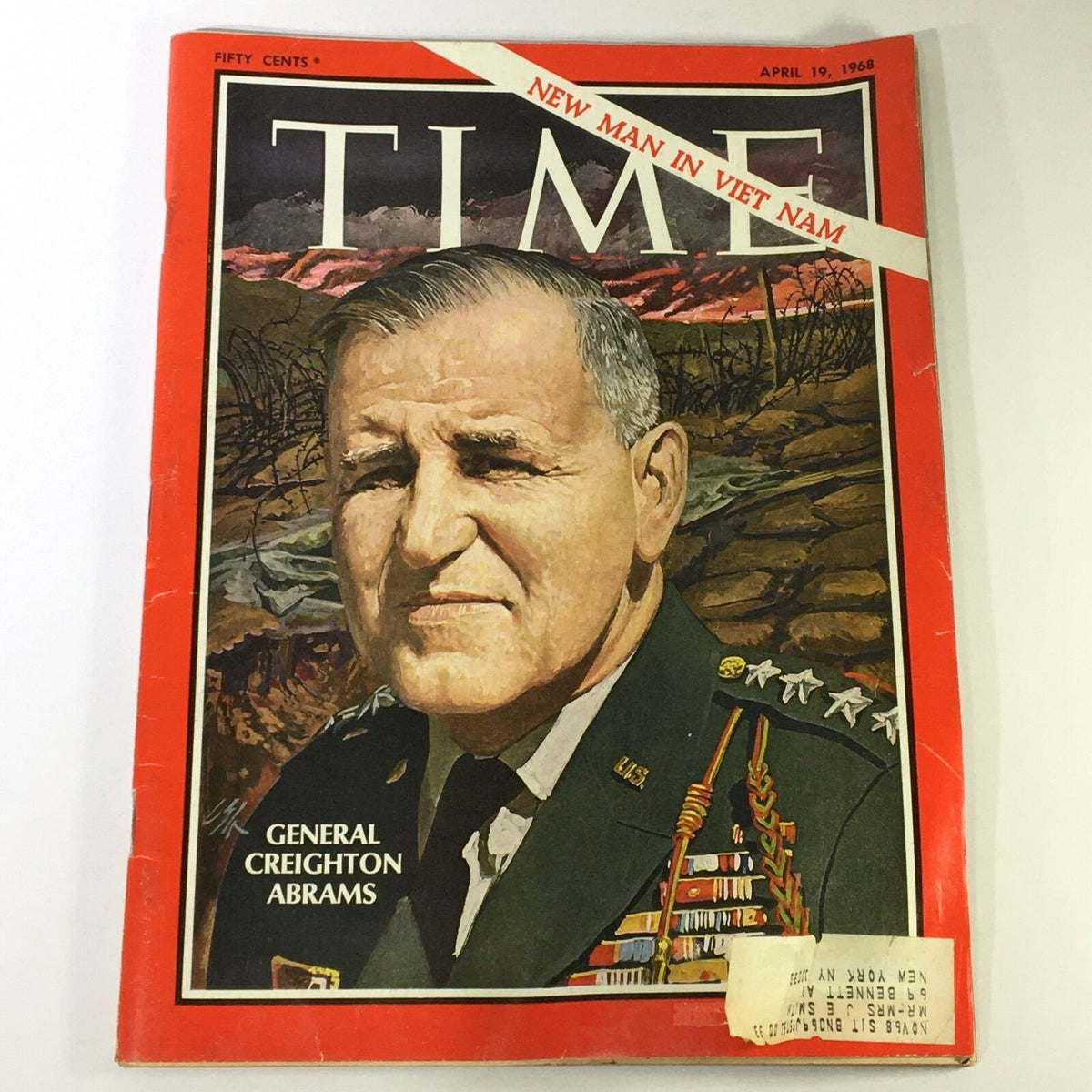 Vintage Time Magazine from April 19, 1968, featuring General Creighton Abrams on the cover, highlighting his role as the new commander in Vietnam.