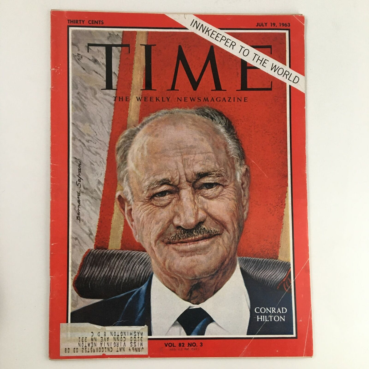 Time Magazine July 19 1963 Vol. 82 No. 3 featuring Conrad Hilton on the cover, showcasing his legacy as 'Innkeeper to the World' with a vibrant red background and historic significance.