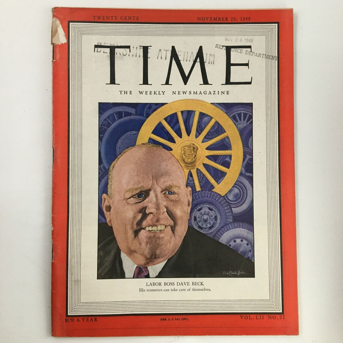 Cover of Time Magazine dated November 29, 1948, featuring American labor leader Boss Dave Beck with a yellow wheel background, Volume 52 No. 22.
