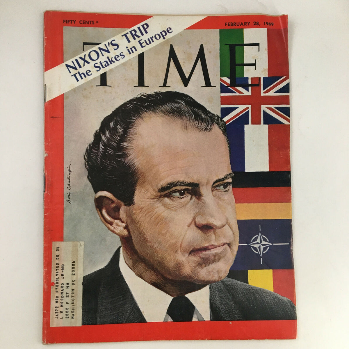 Cover of Time Magazine February 28 1969 featuring Richard Nixon's Trip to Europe with flags and the headline 'Nixon's Trip: The Stakes in Europe'.