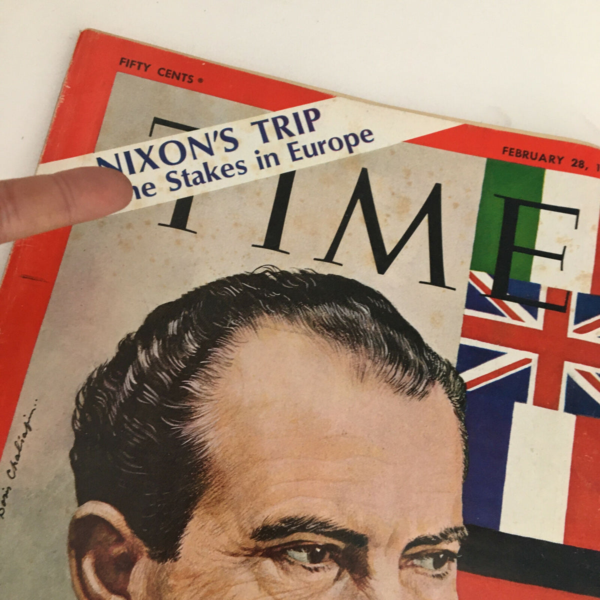 Close-up of the Time Magazine February 28 1969 cover, highlighting the title 'Nixon's Trip: The Stakes in Europe' and Richard Nixon's image.