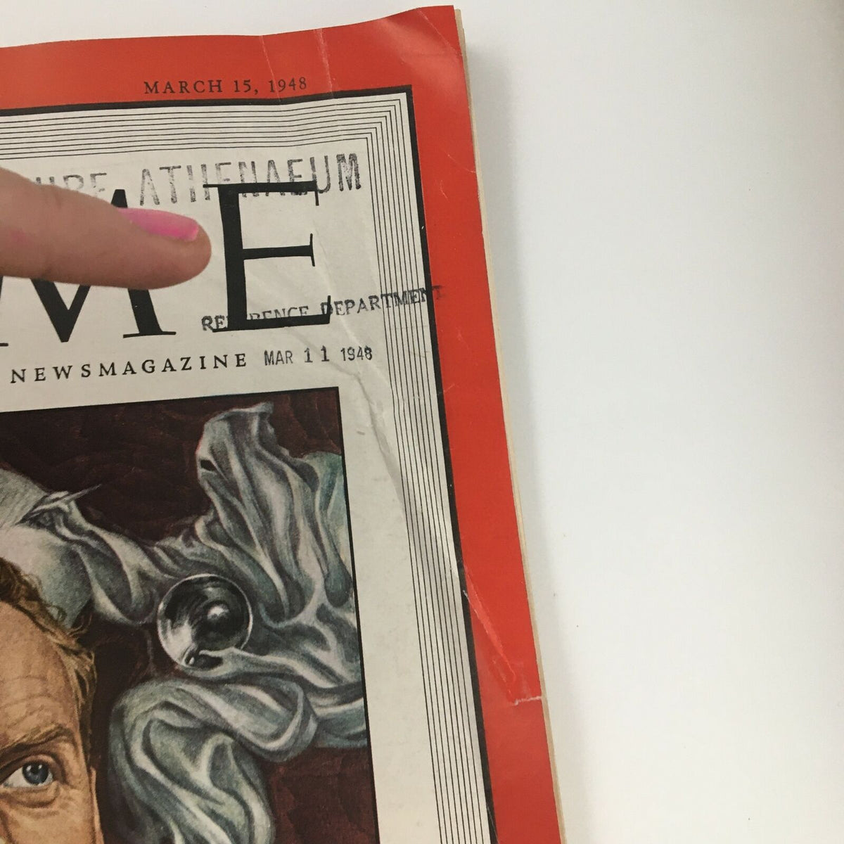 Close-up detail of the Time Magazine cover dated March 15 1948, showing the magazine title and an address stamp, highlighting its vintage character.