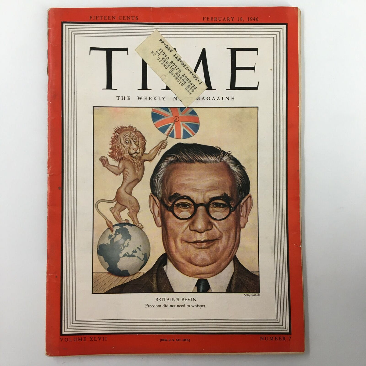 VTG Time Magazine February 18 1946 featuring Britain's Ernest Bevin on the cover with a caricature illustration and the words 'Freedom did not need to whisper'. This collectible magazine showcases a historical moment from post-war Britain.