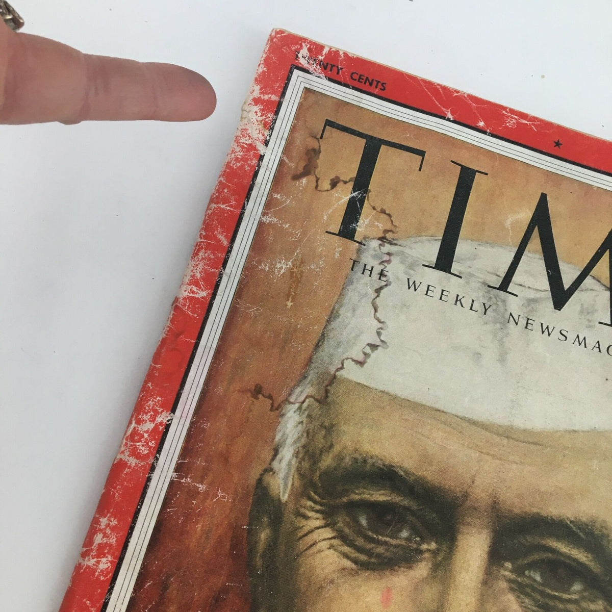 Close-up view of the cover edge of Time Magazine from July 30, 1956, featuring India's Premier Jawaharlal Nehru, showcasing signs of wear and vintage charm.