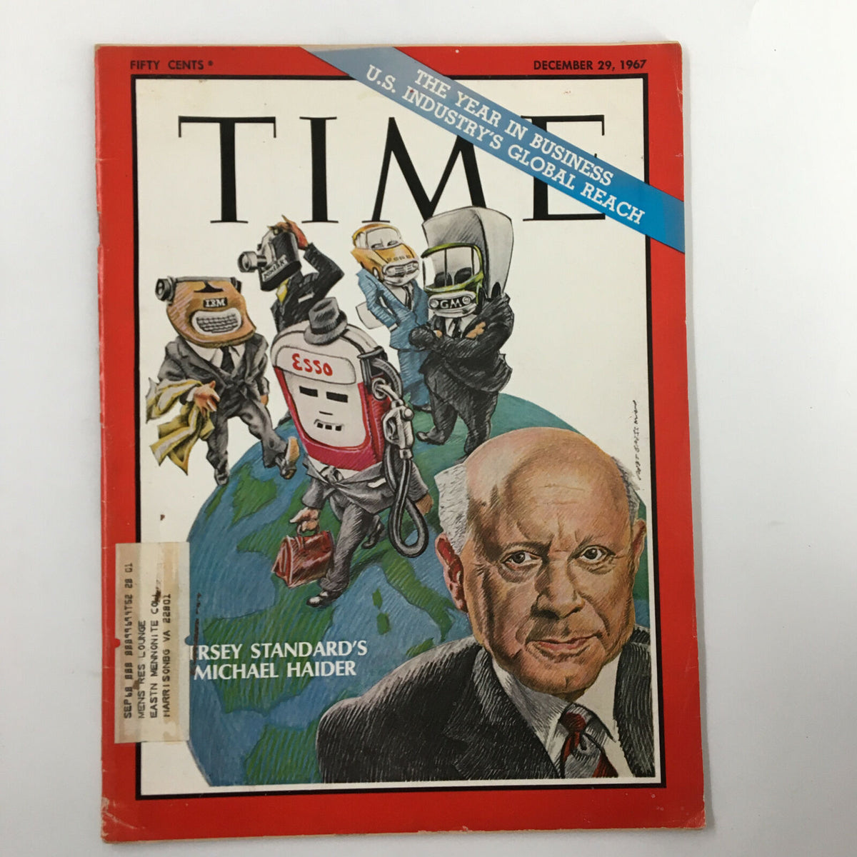 VTG Time Magazine December 29 1967 cover featuring Jersey Standard and Michael Haider, illustrating various iconic business figures in a colorful caricature style, showcasing the theme of U.S. industry's global reach.