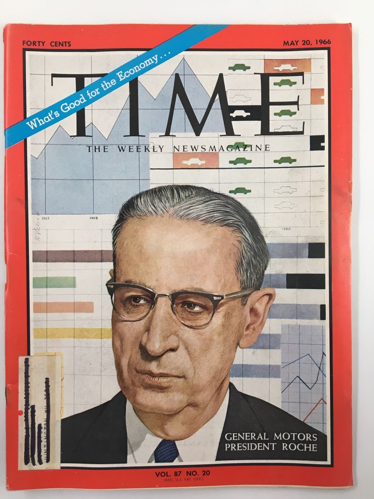 Cover of VTG Time Magazine May 20 1966, Volume 87, Issue 20 featuring General Motors President James Roche, showcasing vintage graphics and design elements indicative of the 1960s.