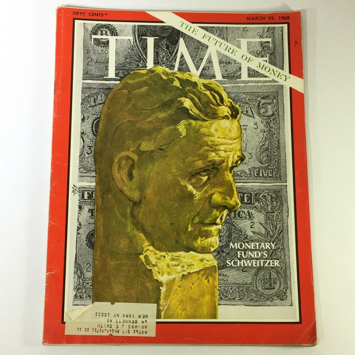 Vintage Time Magazine from March 19, 1968, featuring a cover story on the Monetary Fund's Albert Schweitzer. The magazine showcases an artistic rendition of a bust along with banknotes in the background, highlighting its historical significance and collectible value for enthusiasts.