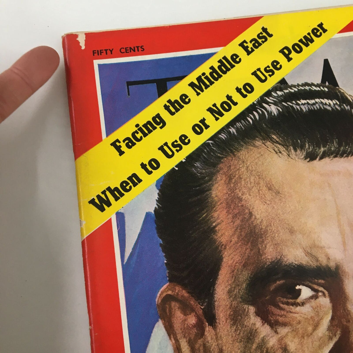 Close-up of VTG Time Magazine October 5 1970 featuring President Richard Nixon, highlighting the cover's text about Middle Eastern policy and diplomacy.