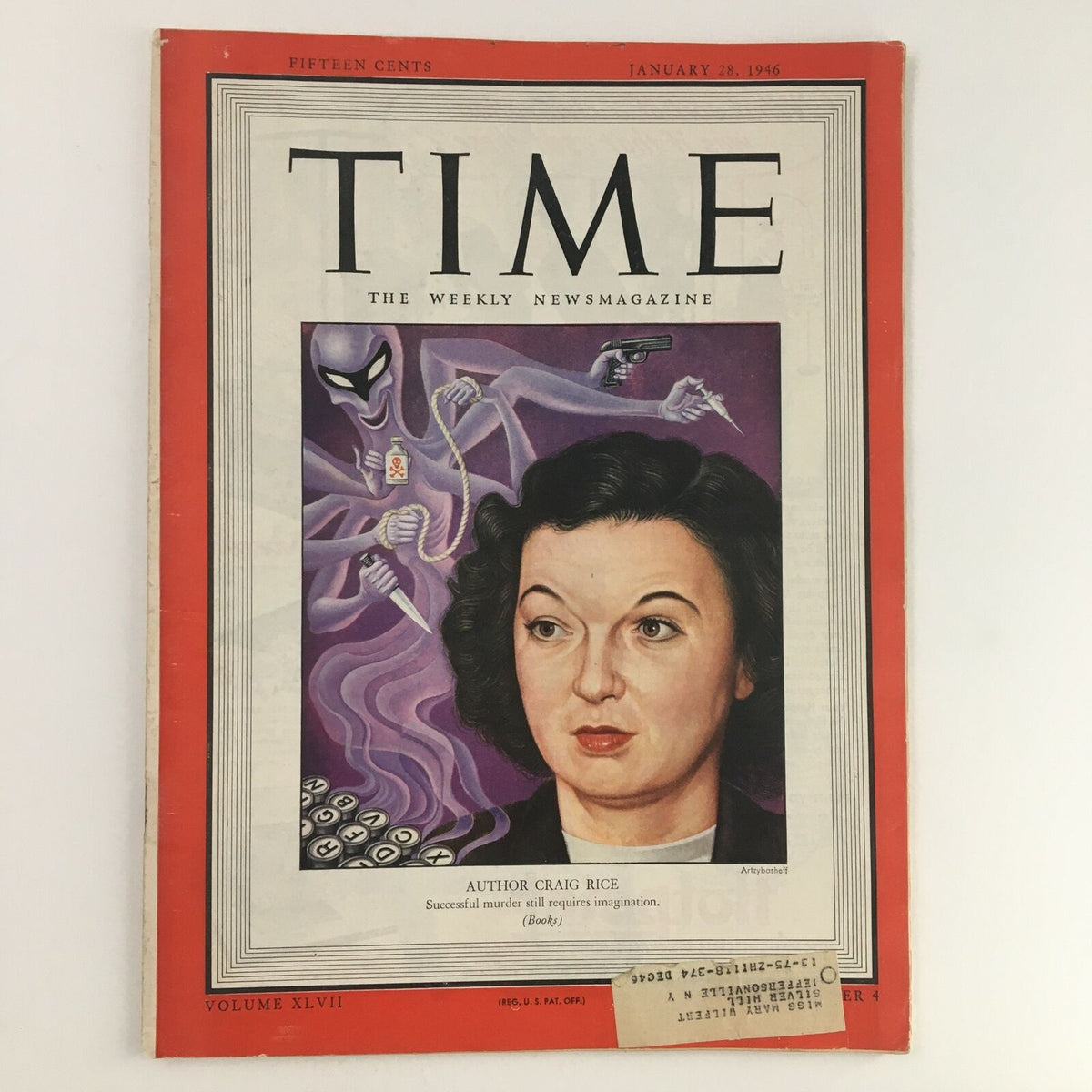 Time Magazine cover from January 28, 1946, Volume XLVII Number 4 featuring author Craig Rice and a depiction of mystery elements related to her works.