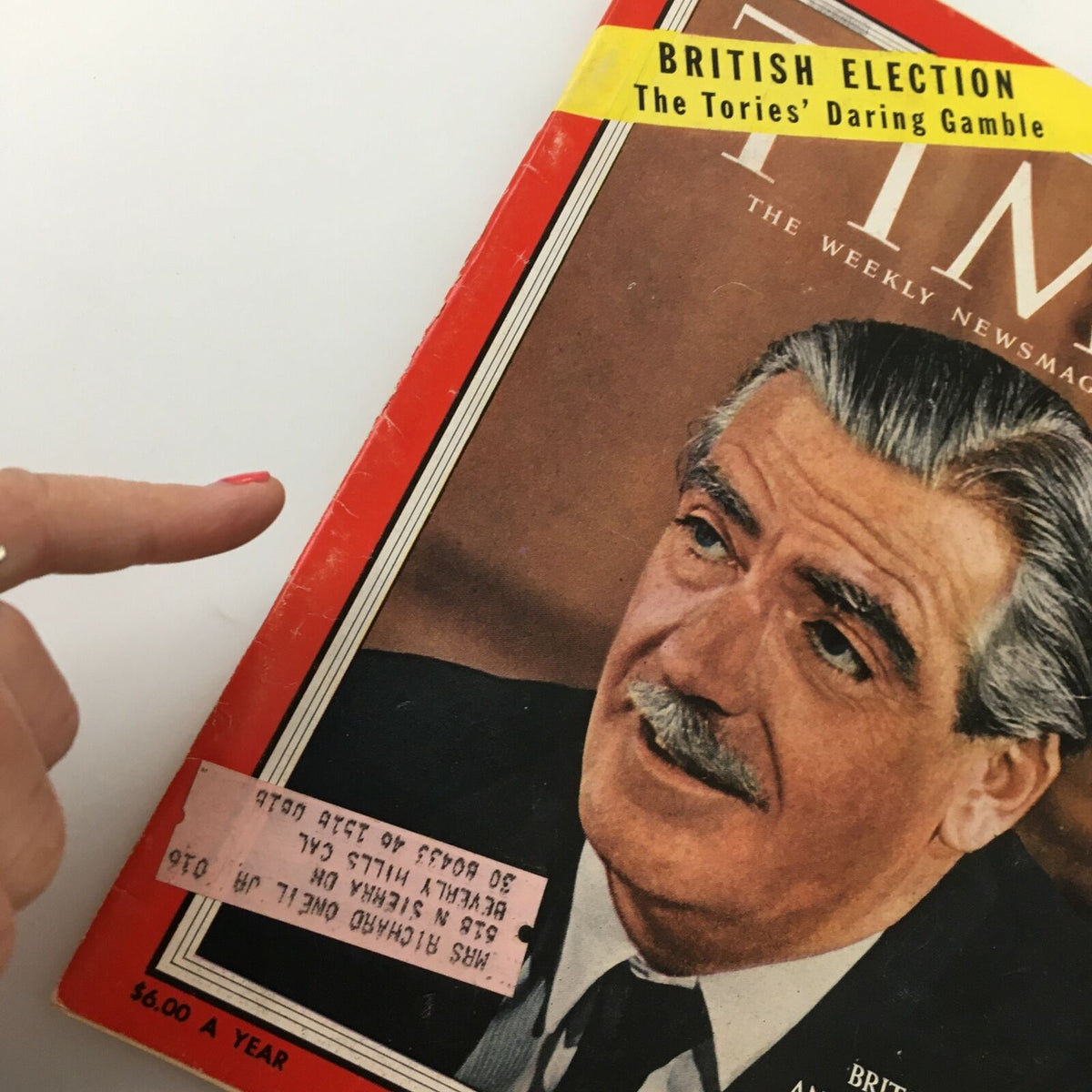 Cover of VTG Time Magazine May 23 1955 featuring Britain's Anthony Eden, with noticeable wear and a price label, presenting a snapshot of historical significance.