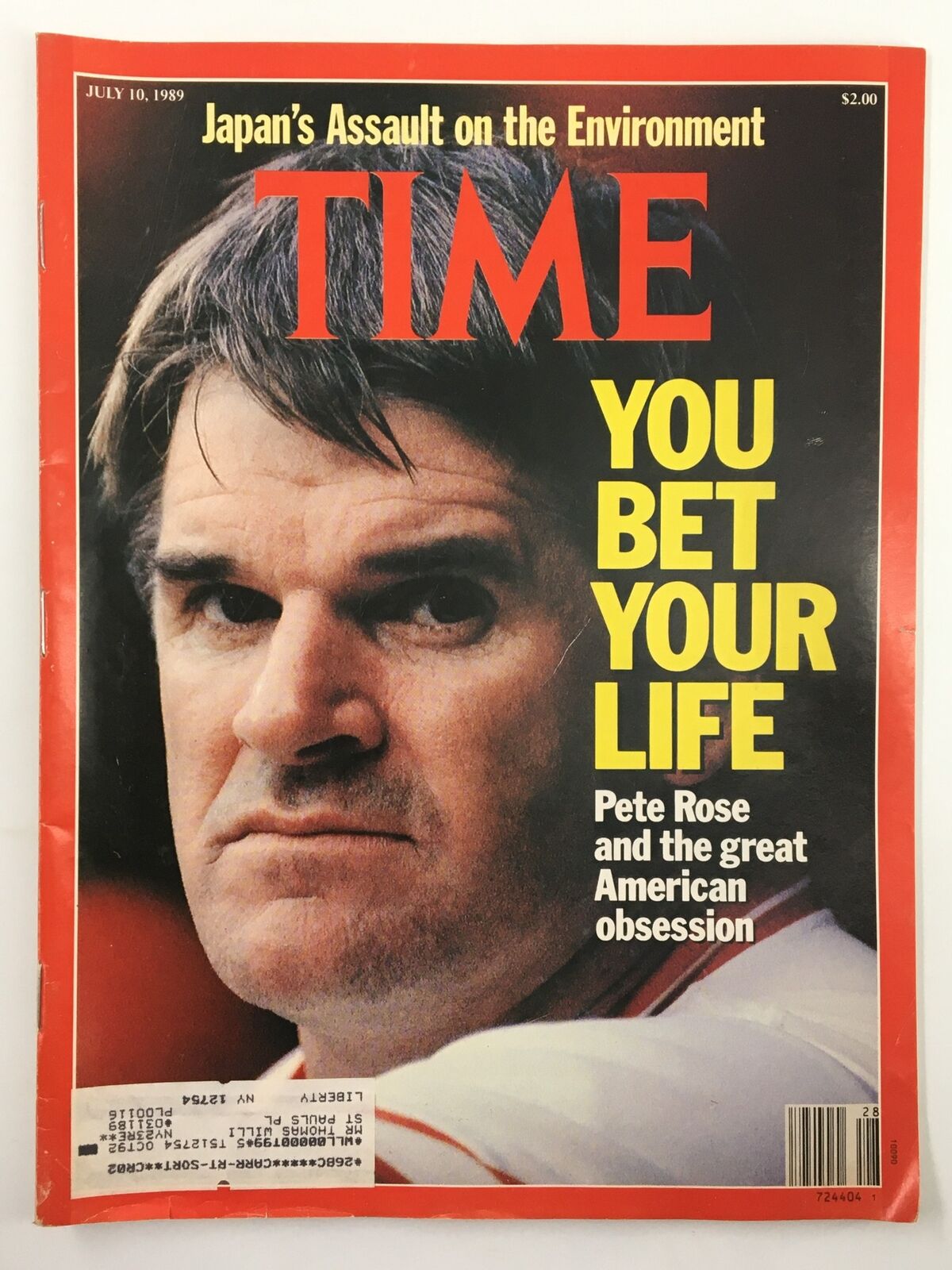 Cover of Time Magazine from July 10, 1989 featuring the title 'You Bet Your Life' with a focus on Pete Rose and the Great American Obsession. Highlights the themes of sports gambling and American baseball culture.