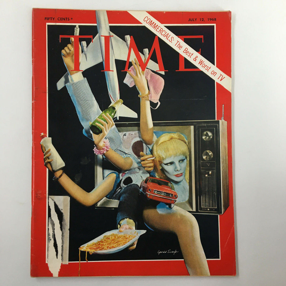 Cover of VTG Time Magazine from July 12, 1968, featuring a vibrant illustration related to commercials, titled 'Commercials: The Best & Worst on TV'.