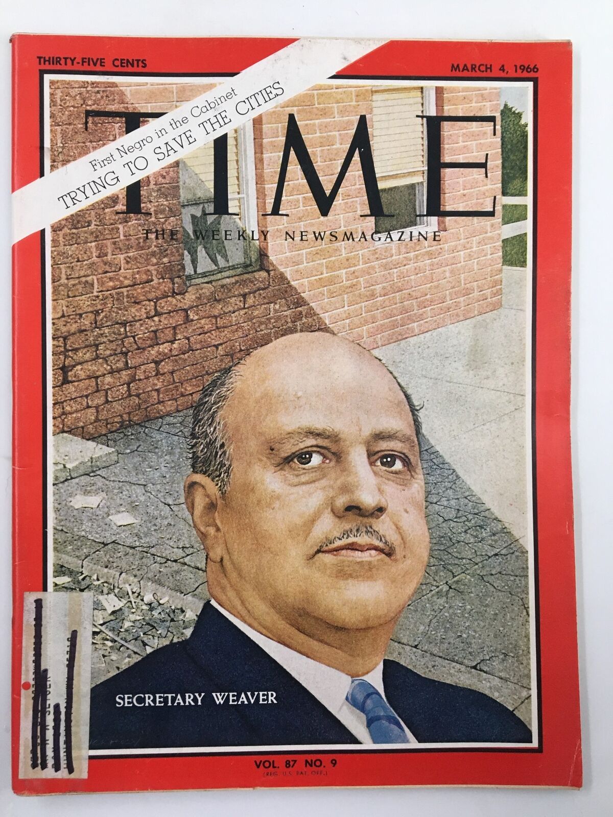 Vintage Time Magazine from March 4, 1966, featuring Secretary Robert C. Weaver on the cover, Volume 87 Issue 9. The cover includes a prominent title and a unique design reflecting the era's socio-political context.