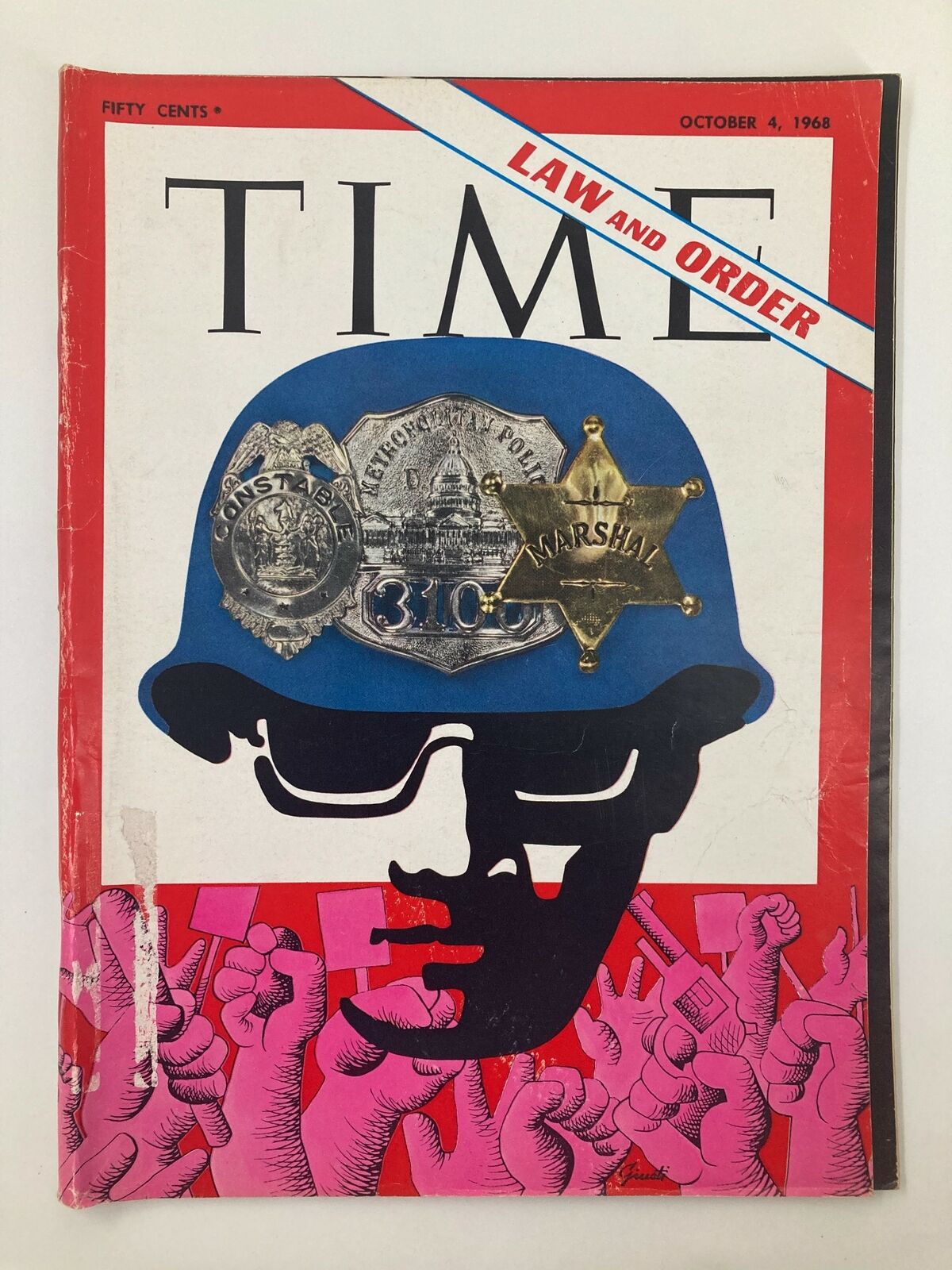 Vintage Time Magazine cover from October 4, 1968, Volume 92, Number 14, featuring the theme 'Law and Order', showcasing police badges and a graphic depiction of a man with a crowd in the background.