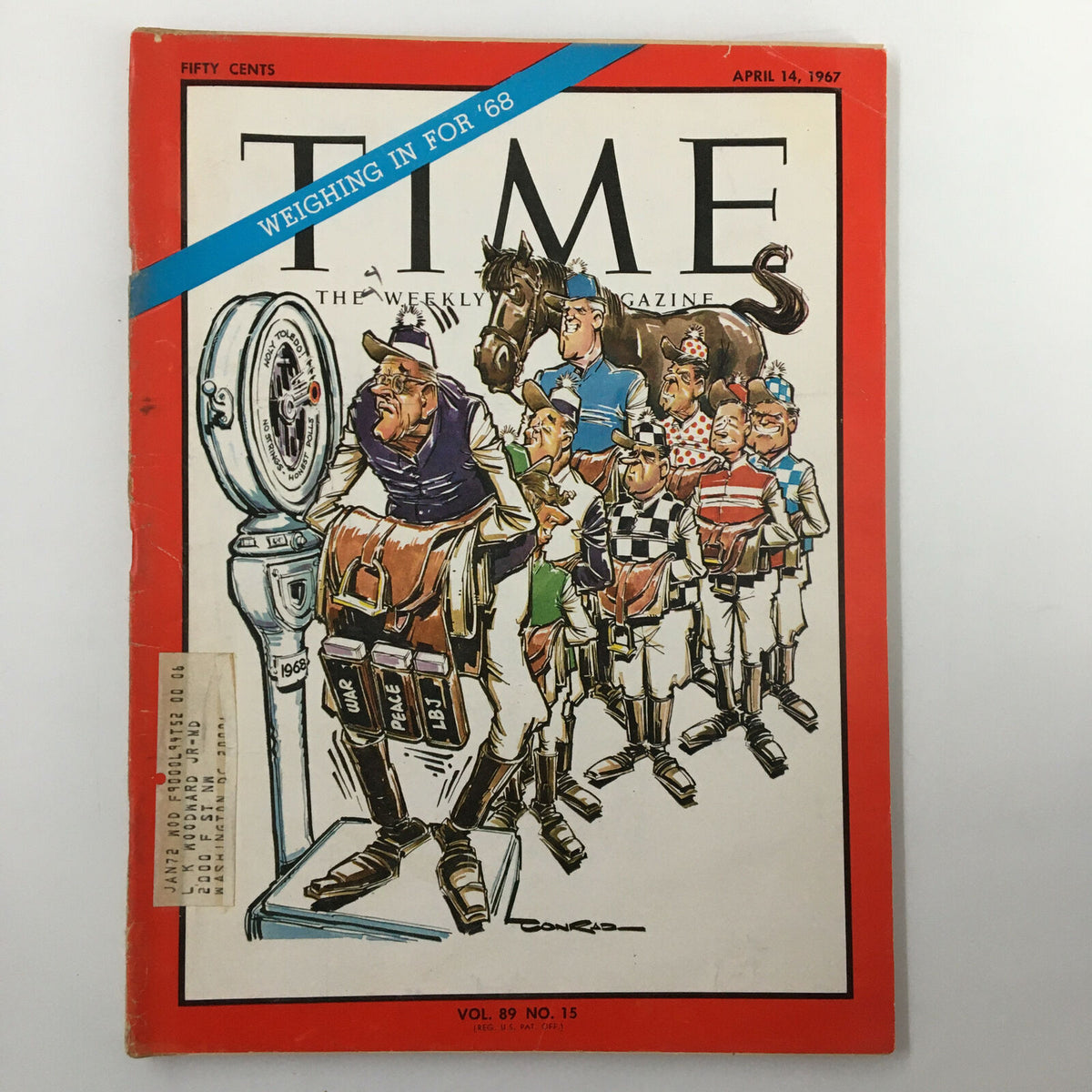 Vintage Time Magazine cover from April 14, 1967, Vol. 89 No. 15, titled 'Weighing in for the Year 1968', featuring a humorous illustration of jockeys and horses.