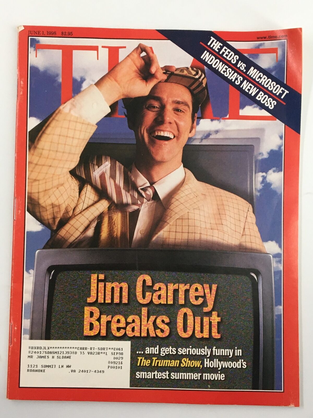 Cover of the vintage Time Magazine from June 1, 1998 featuring Jim Carrey, showcasing his breakout role in The Truman Show.