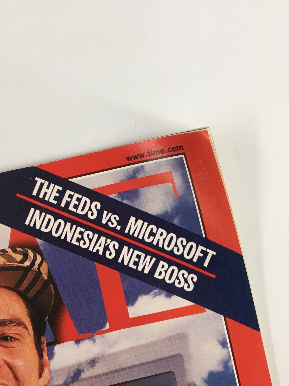 Close-up of the top corner of the June 1, 1998 Time Magazine, highlighting the headline 'THE FEDS vs. MICROSOFT'.