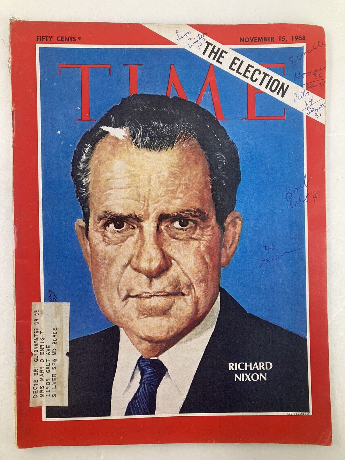 Close-up view of the Time Magazine cover from November 15, 1968, featuring Richard Nixon. The cover highlights the title 'The Election' with visible annotations and wear, emphasizing its historical significance.