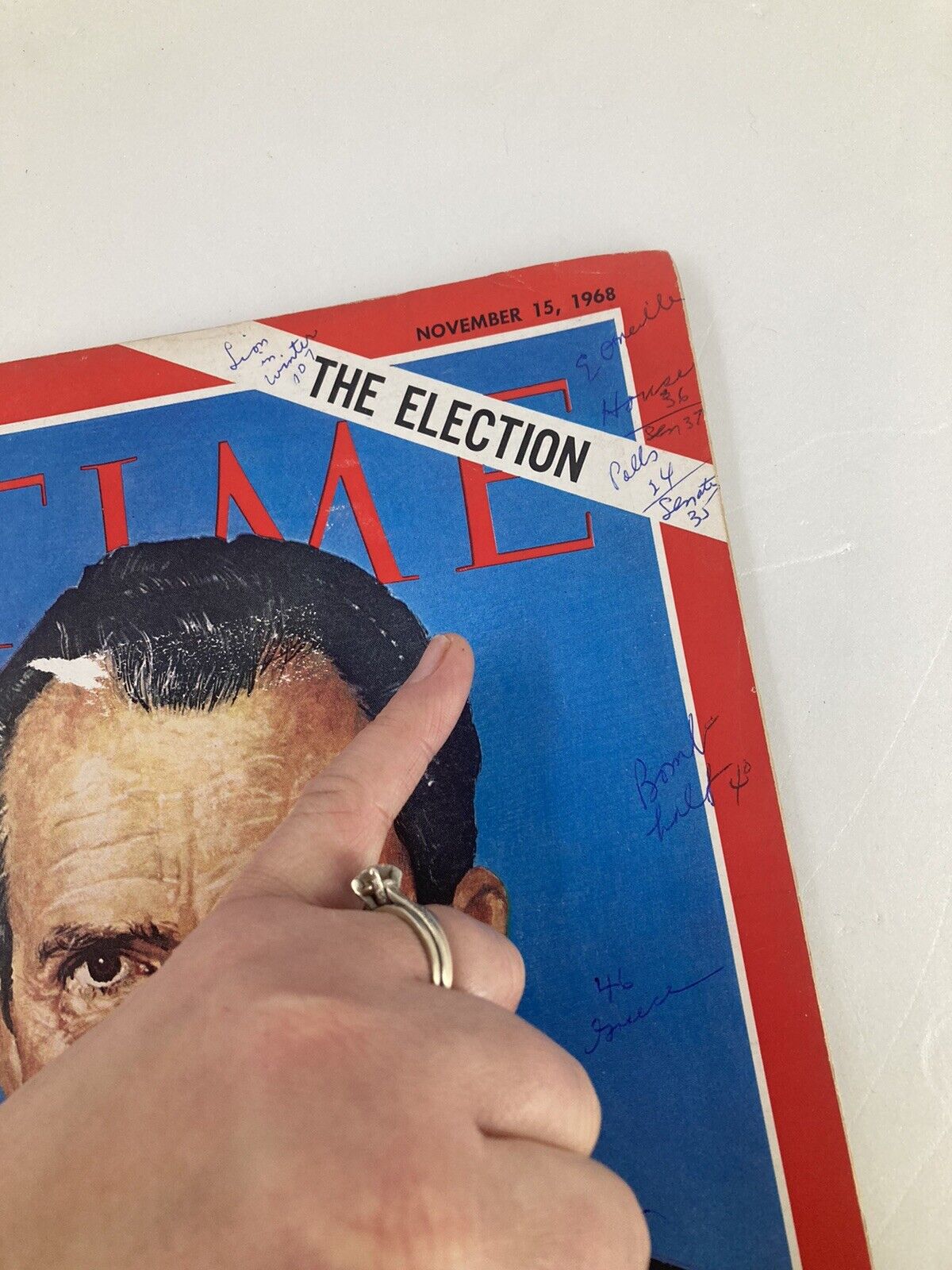 A hand pointing at the cover of Time Magazine from November 15, 1968, depicting Richard Nixon with the title 'The Election.' The image illustrates the magazine's condition and handwritten notes.