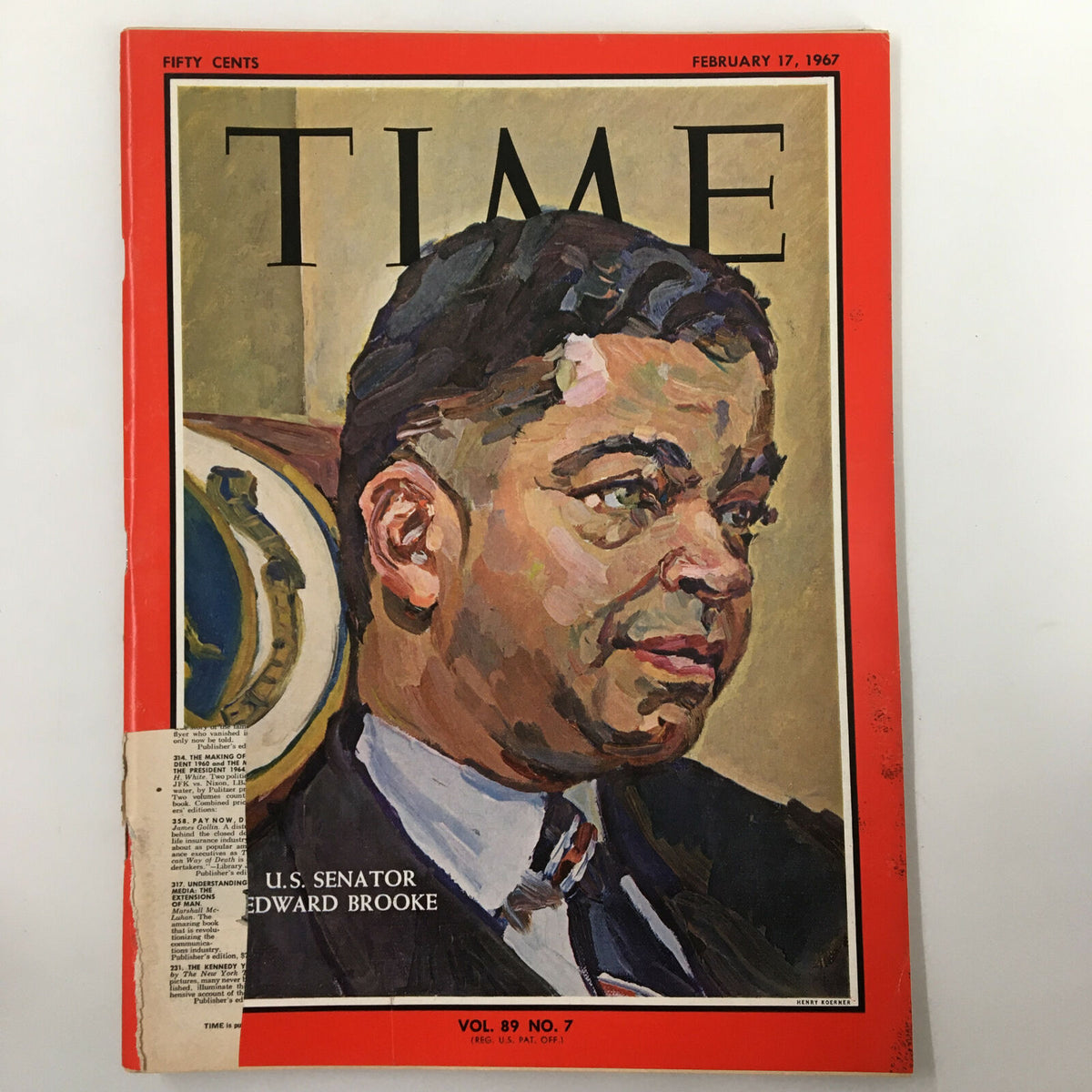 Cover of VTG Time Magazine February 17 1967, featuring U.S. Senator Edward Brooke, Volume 89 No. 7, depicting an artistic portrait of Brooke with a vibrant background.