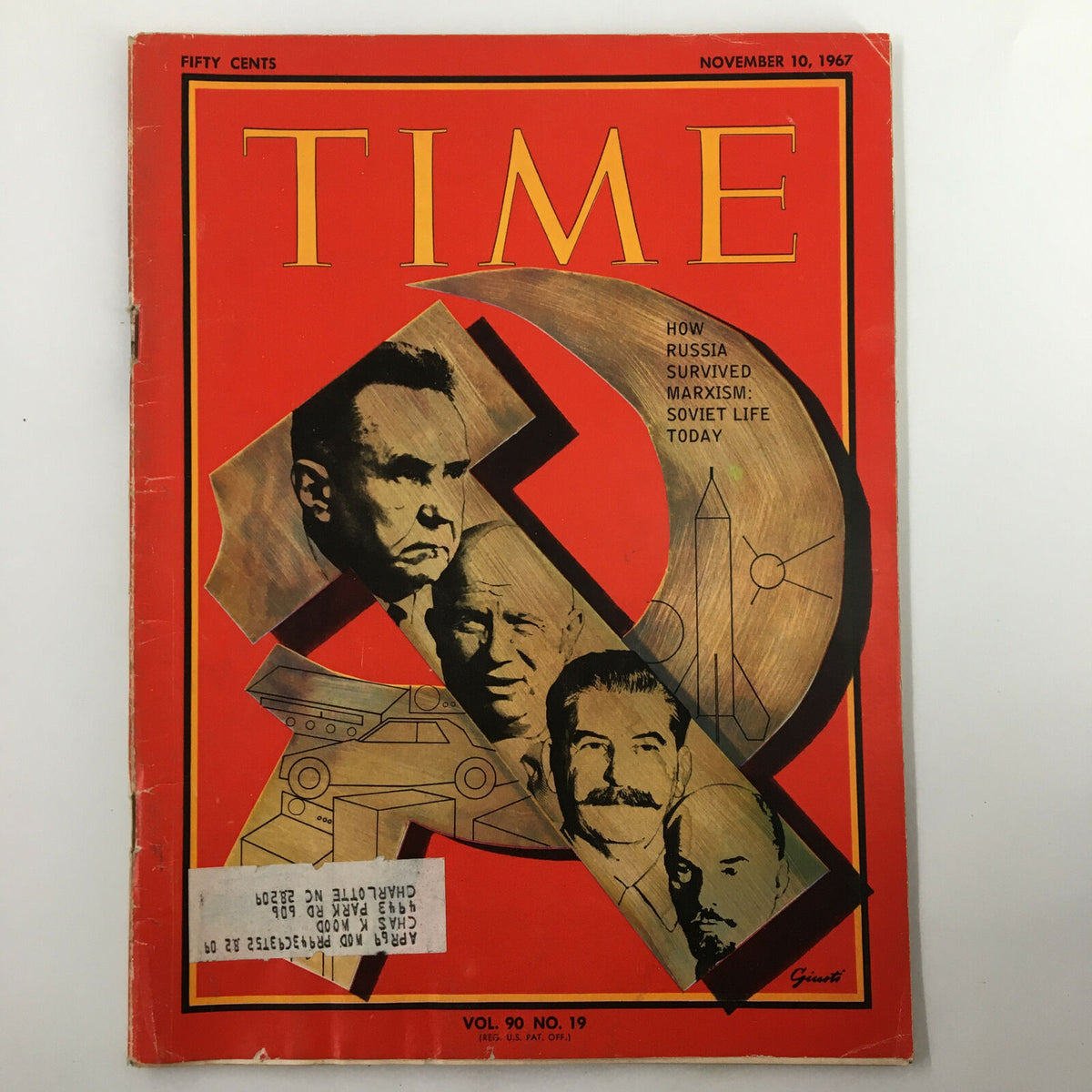 Cover of Time Magazine from November 10, 1967, titled 'How Russia Survived Marxism: Soviet Life Today,' featuring prominent figures and Soviet symbols. A collectible vintage magazine reflecting Cold War era insights.