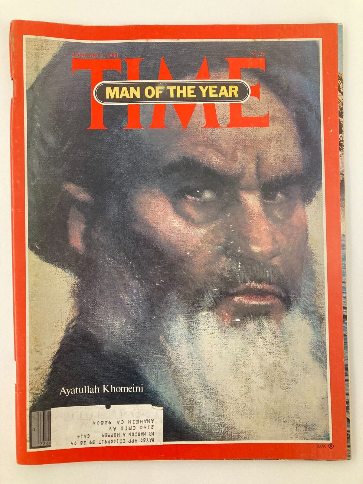Cover of VTG Time Magazine from January 7, 1980, featuring Ayatullah Khomeini as the Man of the Year, showcasing a pivotal moment in world history.