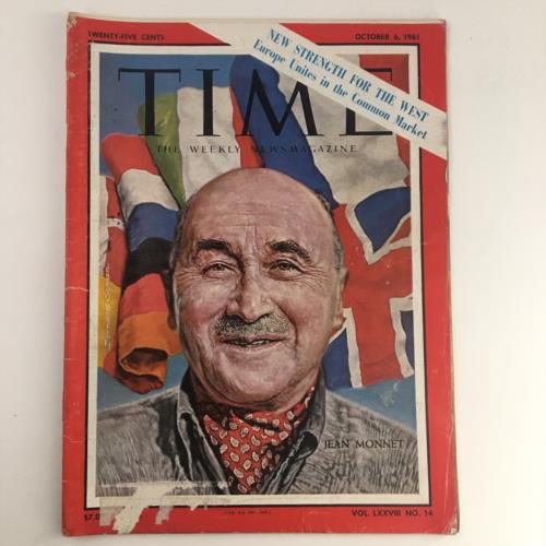 Time Magazine October 6 1961 Vol. 78 No. 14 cover featuring French Plan Commissioner Jean Monnet with flags in the background. Historical collectible magazine.