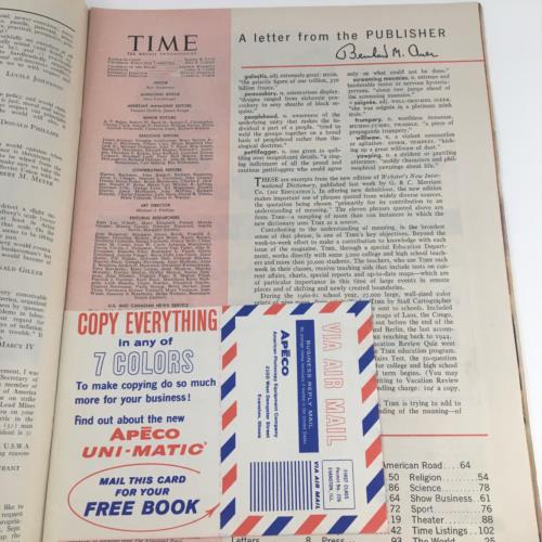 Inside page of Time Magazine October 6 1961 Vol. 78 No. 14 showing a letter from the publisher and an advertisement for APECO UNI-MATIC.
