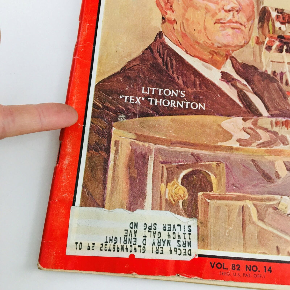 Cover of Time Magazine dated October 4, 1963. Features Litton's 'Tex' Thornton with visible address label and details about the edition's volume and number.