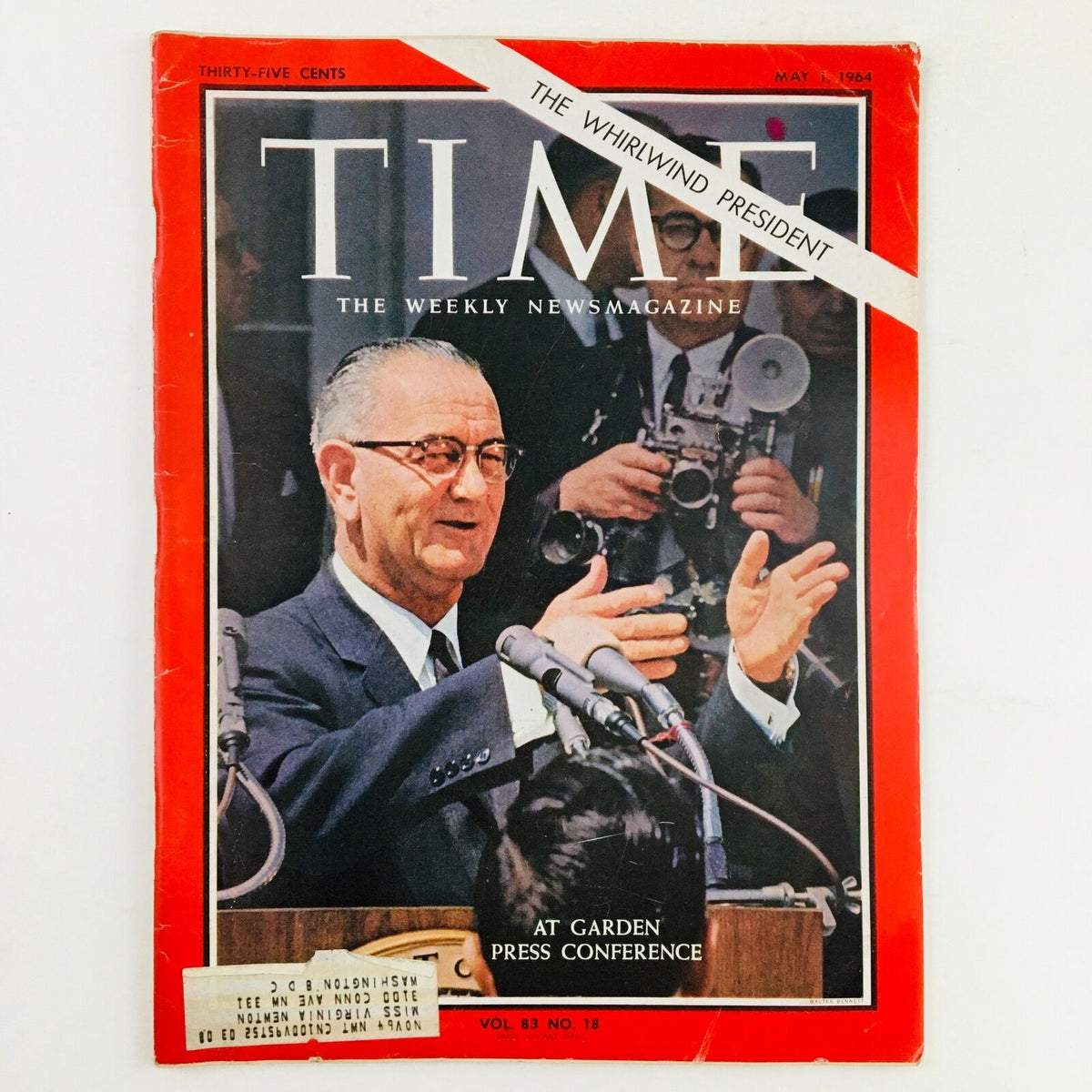 Time Magazine May 1 1964 Vol. 83 No. 18 featuring Lyndon B. Johnson as the 'Whirlwind President' during a press conference, showcasing his dynamic leadership in a vintage magazine cover.
