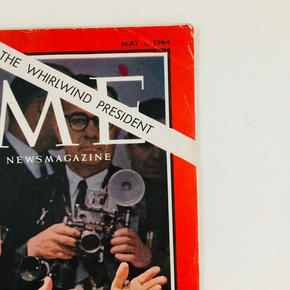 Close-up of Time Magazine May 1 1964 Vol. 83 No. 18 with the headline 'The Whirlwind President', emphasizing the significance of Lyndon B. Johnson's presidency in a 1960s historical context.