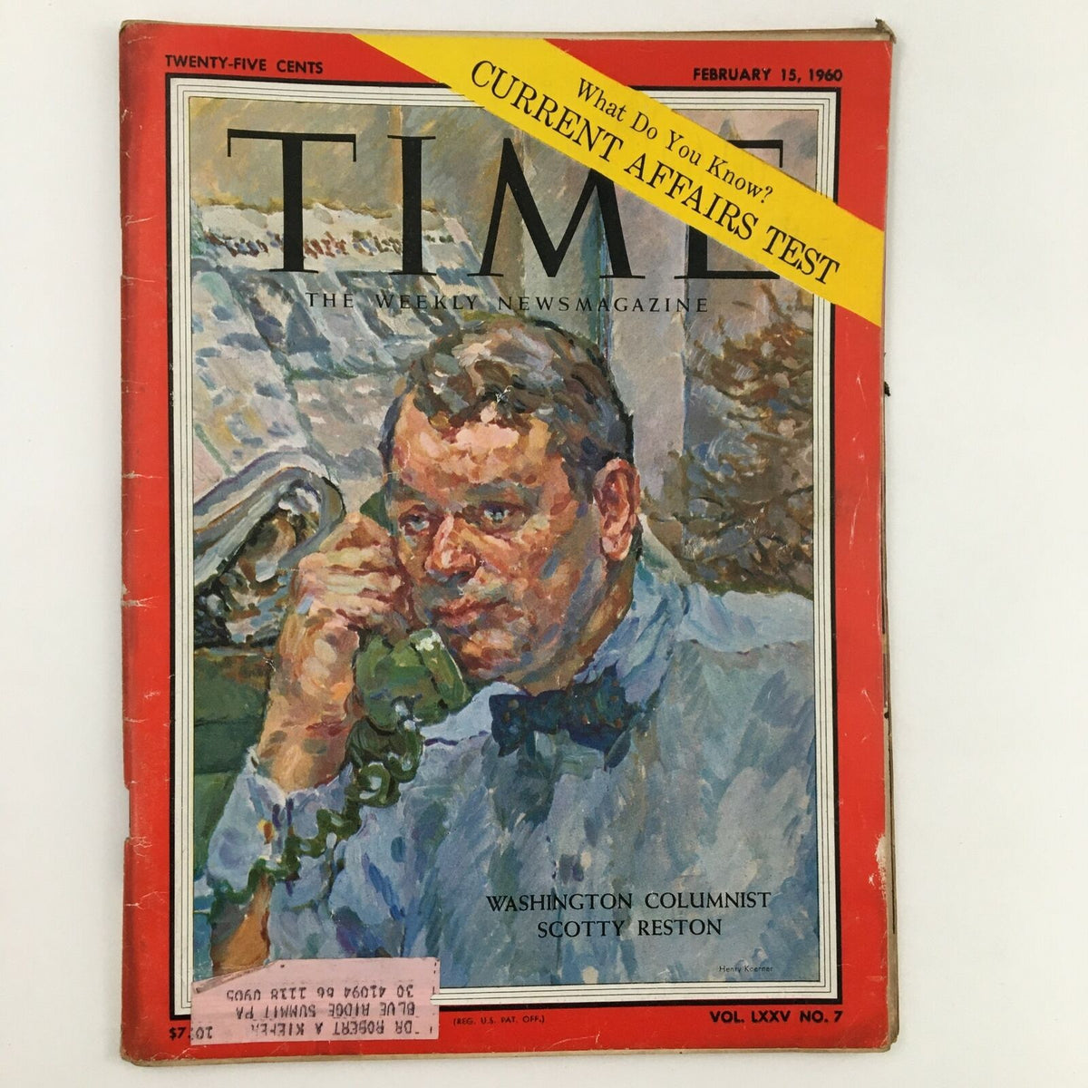 Time Magazine February 15, 1960 Vol. 75 No. 7 featuring Washington columnist Scotty Reston on the cover, showcasing a painting of a serious man speaking on the phone with a colorful background.